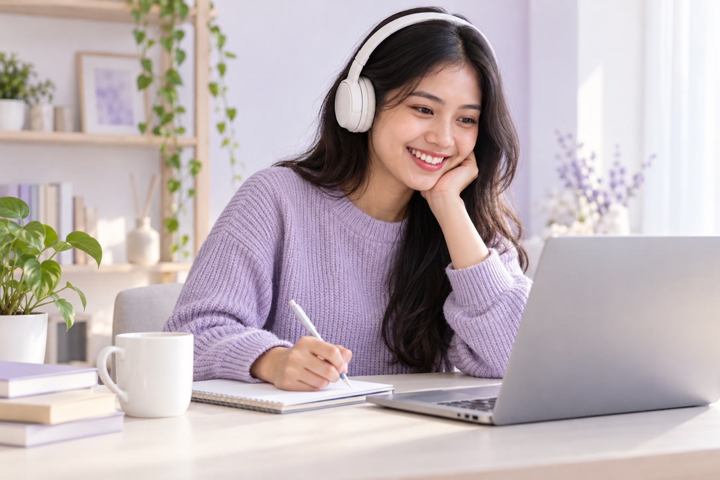 Perempuan belajar bahasa Inggris dengan headphone dan laptop